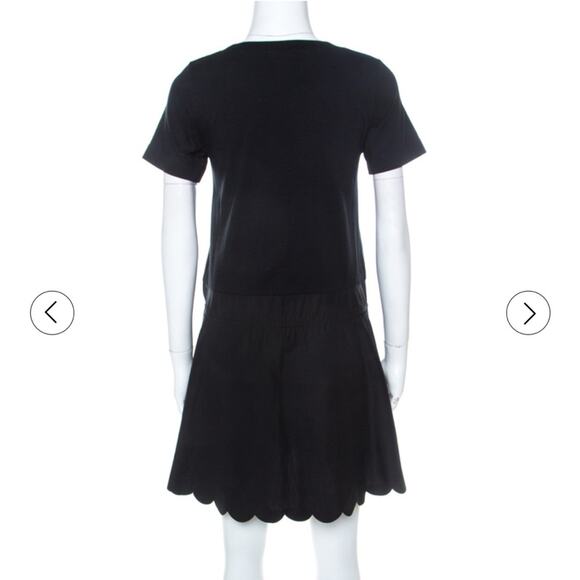See by Chloe Black Cotton Scallop Hem Short Sleeve Drawstring Waist Mini Dress - Picture 2 of 10